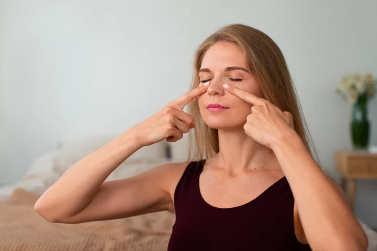 front view woman practicing facial yoga