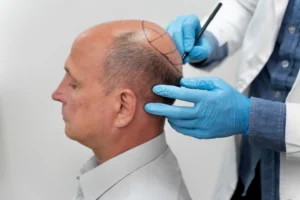 mature man going through follicular unit extraction process