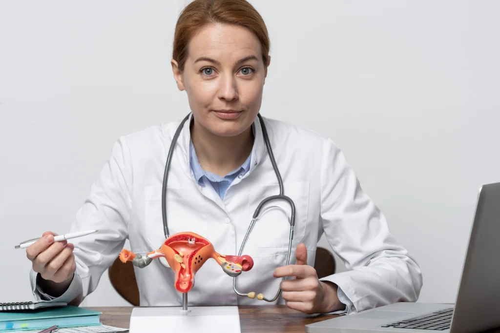 medium shot doctor with anatomic model