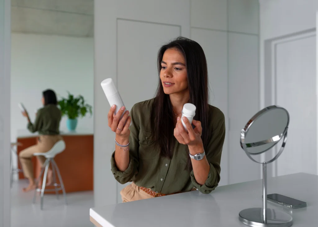 medium shot woman using dry shampoo home