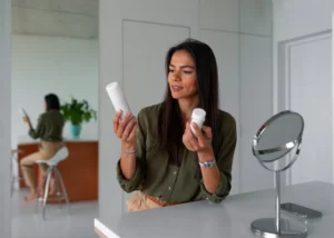 medium shot woman using dry shampoo home