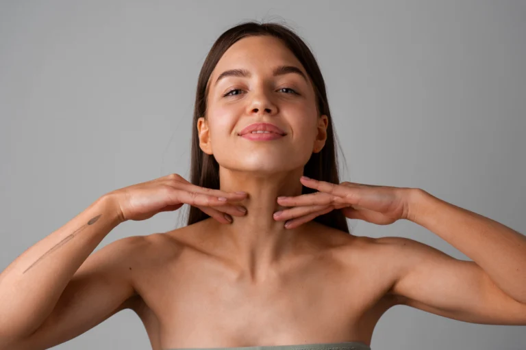 portrait young woman practicing facial yoga youth