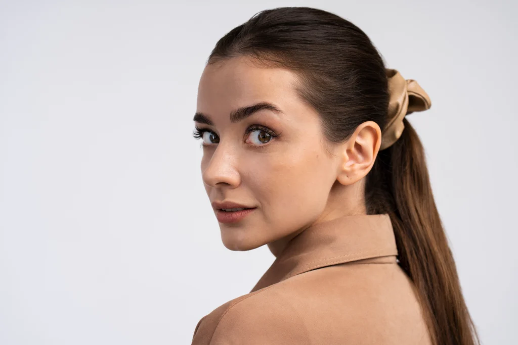 side view young woman posing studio