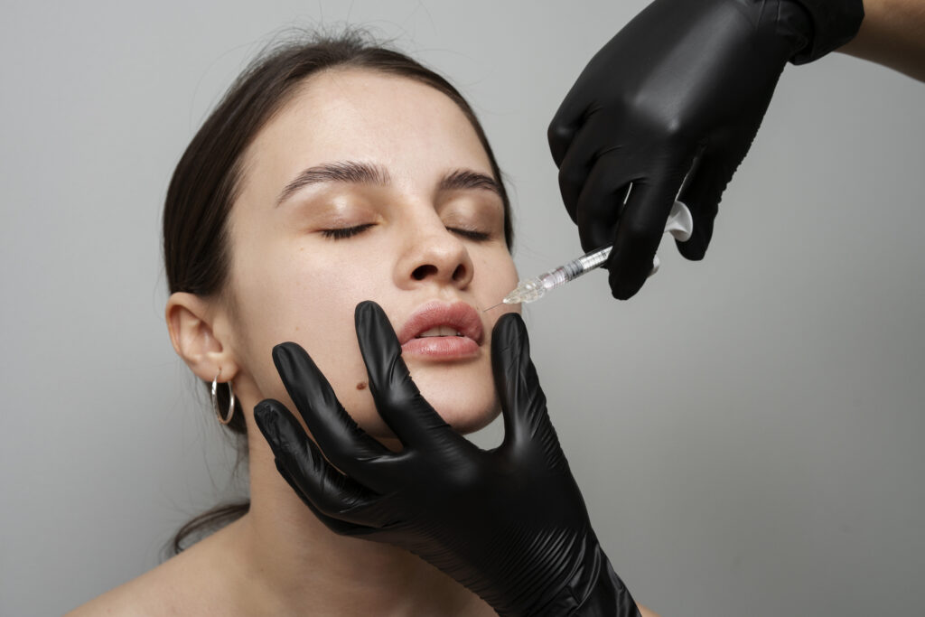 high angle woman getting lip fillers