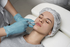 high angle woman getting lips injection